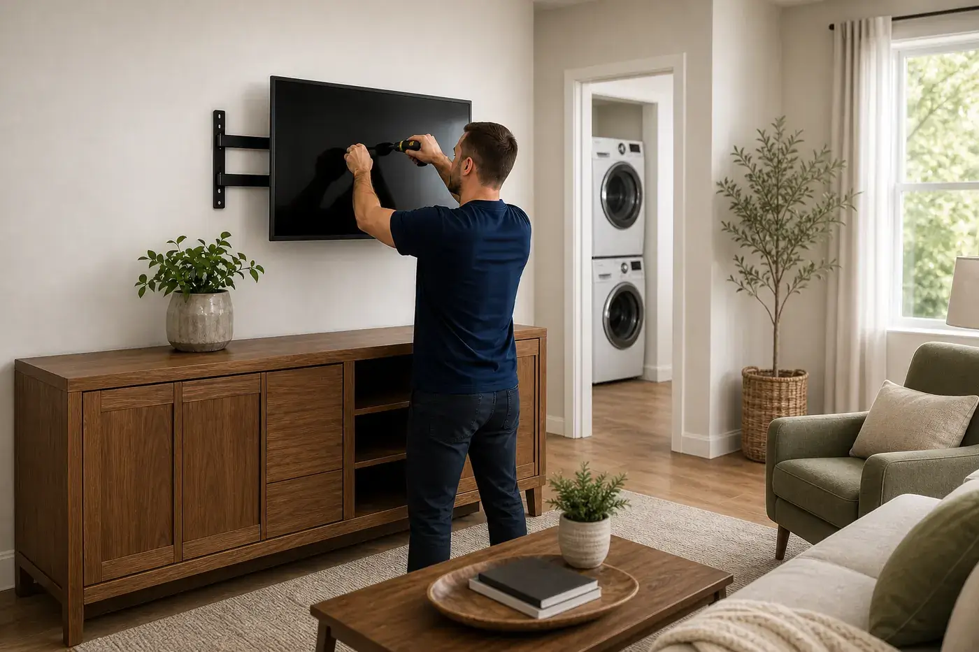 A mover mounts a flat-screen TV on a living room wall during move-in setup